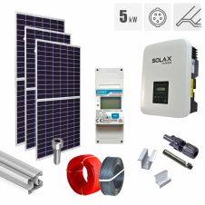 Sistem fotovoltaic hibrid 5 kW baterie 11.6 kWh invertor Solax KIT-PV-5KW-TH-SOLAX-TT_Z_11.6, trifazat, cu montaj, prindere pentru acoperis panouri sandwich, tabla trapezoidala